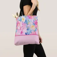 Pink Blue Abstract Watercolor Flowers Color Block  Tote Bag