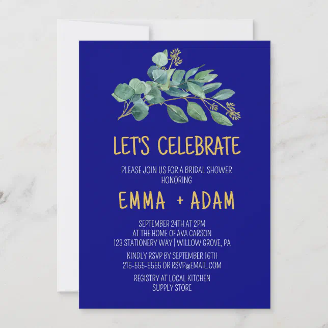 Simple Eucalyptus Greenery Navy Blue and Gold Invitation