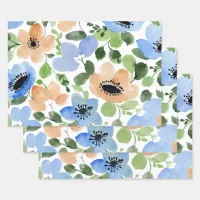Flowers All Over, Peach, Blue, Green Watercolor Wrapping Paper Sheets