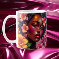 Pretty Lady of Color Pink Flowers Musical Notes Coffee Mug