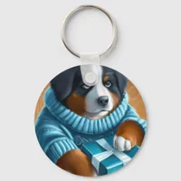 Bernese Mountain Dog With Holiday Present Keychain