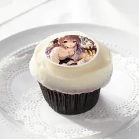Pretty Anime Girl with Kitten and Birthday Cake Edible Frosting Rounds