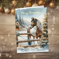 Brown and White Horse Rustic Christmas Gold Foil Greeting Card