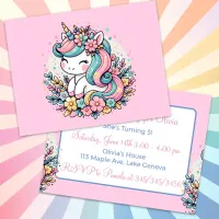 Cute Pink Unicorn Girl's Birthday Invitation Postcard