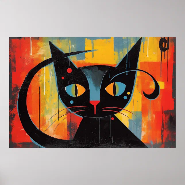 Abstract black cat painting poster