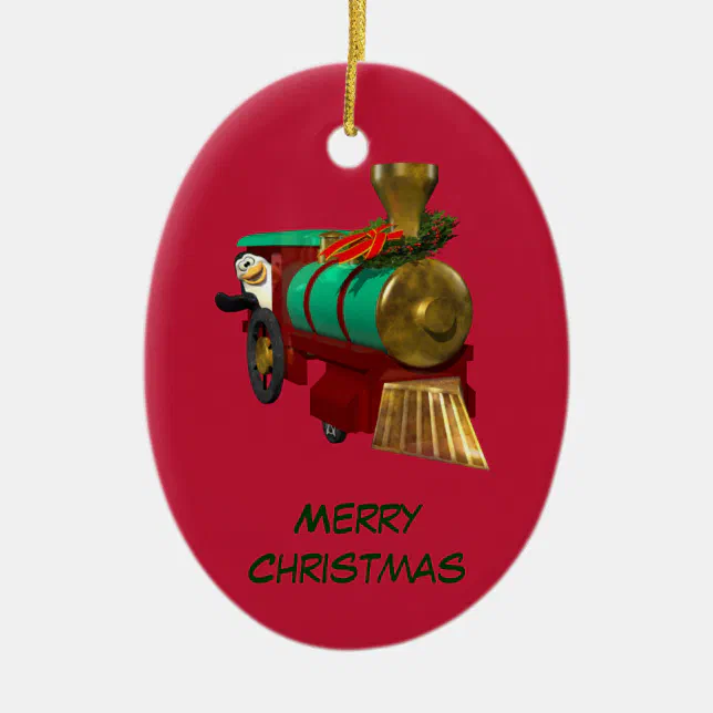 Penguin and Christmas Train Ceramic Ornament