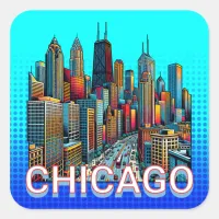 Pop art Comic Book Art Chicago Illinois Skyline Square Sticker