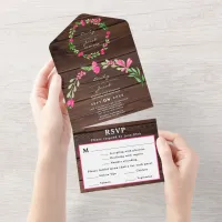 Dk Brown Rustic Wood Pink Floral Country Wed RSVP All In One Invitation