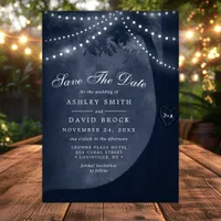 Rustic Tree Carved Initials String Lights Navy  Save The Date