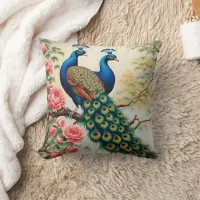 Two Peacocks on a Flowering Branch Throw Pillow