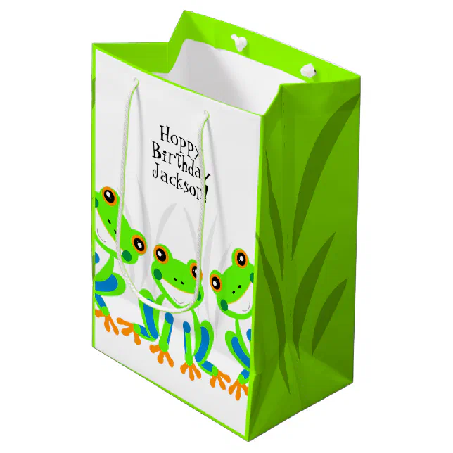 Hoppy Birthday! Cute Green Tree Frogs in the Grass Medium Gift Bag