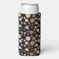 Hexagon & Triangle Pink & Brown on Black Pattern  Seltzer Can Cooler