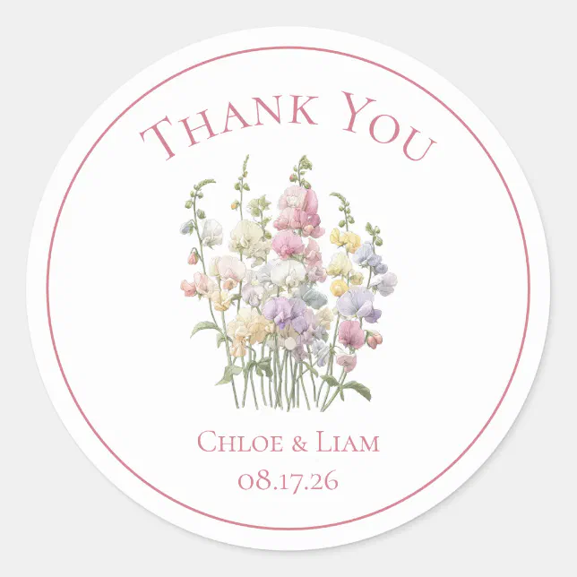 Elegant Sweet Peas Flower Wedding Thank You Classic Round Sticker