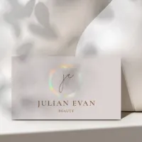 Modern Holographic Monogram Beige Business Card