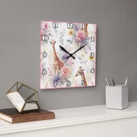 Elegant giraffes amidst vibrant flowers in Africa Square Wall Clock