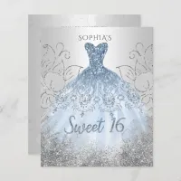 Budget Silver Dusty Blue Dress Sweet 16 Invitation