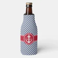 Navy and Red Stripes Nautical Anchor Monogram Bottle Cooler