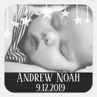 Whimsical Stars New Baby Name and Date Square Sticker