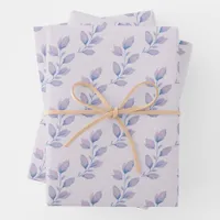 Elegant Pastel Purple & Blue Watercolor Leaves Wrapping Paper Sheets