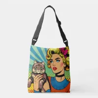 Cartoon Comic Pop Art Women and Cat   Crossbody Bag