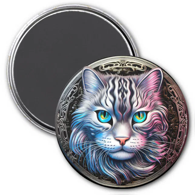 Cat Face Silvery Metallic Theme Magnet