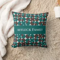 Brown & Teal Retro '70s Motifs Family Name Throw Pillow