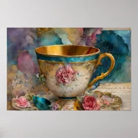 Gorgeous Teacup Mixed Media Collage Painting Poster