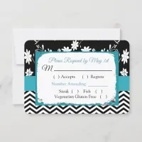 Black & Blue Floral Hearts Wedding RSVP card