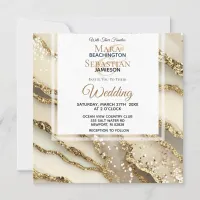 *~*GOLD IVORY GOLD Marble RSVP AR66 QR Wedding Invitation