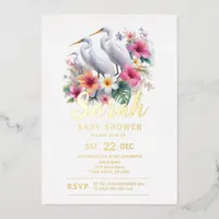 Tropical Egret Bird Coastal Baby Shower Foil Invitation