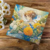 Anime Girl in Yellow and Blue Flowers Throw Pillow