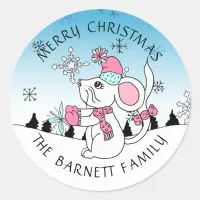 Personalized Cute Merry Christmas Mouse Snowflakes Classic Round Sticker