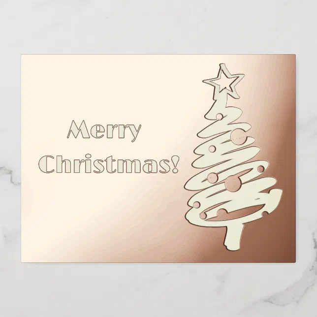 Simplistic silver tree on a pink gold background foil holiday postcard