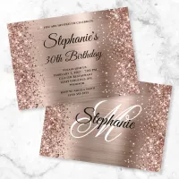 Glittery Rose Gold Fancy Monogram 30th Birthday Invitation