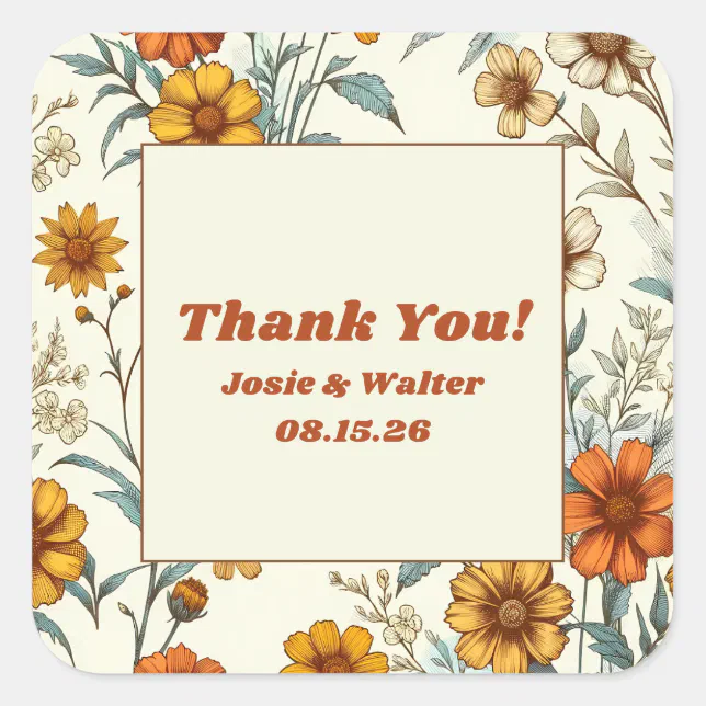 Vintage Floral 70s Timeless Wedding Thank You Square Sticker
