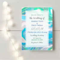 Blue, Green and White Marble Fluid Art Wedding  Invitation