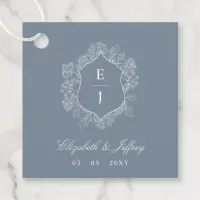 Dusty Blue Floral Crest Monogram Wedding Favor Tags