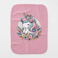 Pink and Blue Unicorn and Flowers Personalized Baby Burp Cloth