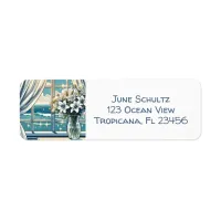 Pretty Ocean View and Vase of Flowers  Label