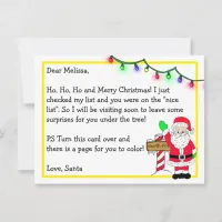 Letter from Santa for Kids + Coloring Page on Back Postcard