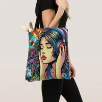 Girl Listening to Music on Headphones Psychedelic Tote Bag