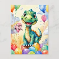 Cute little dinosaur with lots of colorful balloon postcard