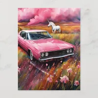 Vintage Pink Car and a Unicorn in a Meadow Postcard