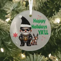 Happy Holidays Ya'll Gangsta Xmas on Grey | Glass Ornament