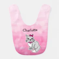 Gray and White Kitty Cat Kitten with Pink Bow Baby Bib
