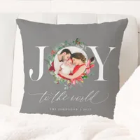 Elegant Gray Silver Christmas Wreath Joy Throw Pillow