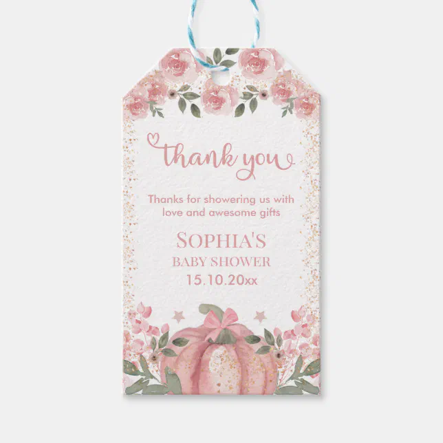 Pumpkin Pink Floral Girl Baby Shower Thank You Gift Tags