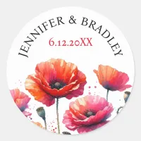 Red Poppies Floral Wedding  Classic Round Sticker