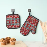 Southwest Mesas Turquoise and Red Geometric Design Oven Mitt & Pot Holder Set