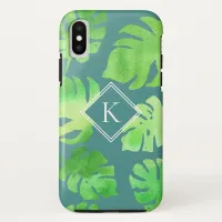 Tropical Green and Teal Watercolor Leaves Monogram iPhone XS Case